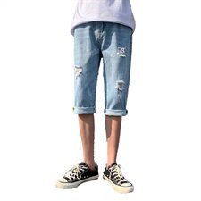 2021夏季浅色破洞牛仔裤男直筒宽松男生潮流港风七分裤男HT92，男装牛仔裤，星座509