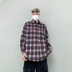 秋季新款刺绣格仔宽松休闲情侣长袖衬衣-CS148，男装衬衫，星座1002-2