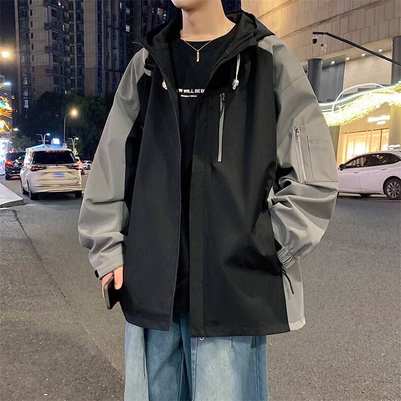 港风新款外景二开宽松夹克男撞色冲锋衣连帽外套MYJ24-7839-P65,男装夹克,星座717