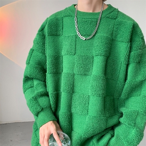 WASSUP HAPPY胖子毛衣男vibe美式格子慵懒针织衫加肥加大冬季外套图片