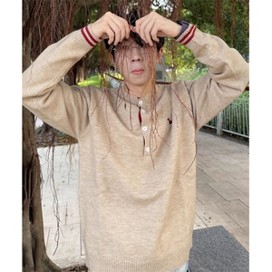 小狗刺绣亨利领毛衣男美式老钱风拼色棕色系针织衫 MY9583图片