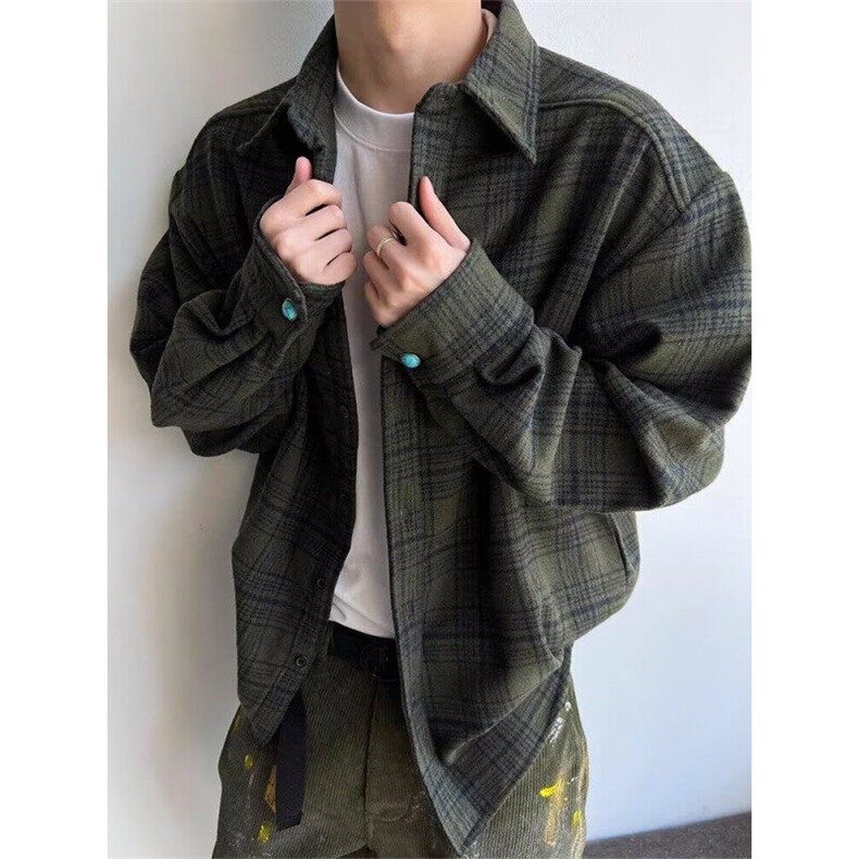 复古军绿色格子衬衫男款春秋潮牌设计呢料长袖衬衣外套C57,男装衬衫,星座1116A（原606A-3）
