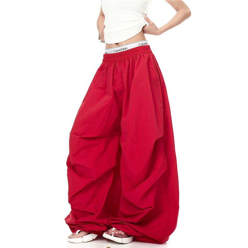 BLACKLISTS美式复古松弛慵懒风红色褶皱伞兵裤男女夏日宽松阔腿裤，男装休闲裤，星座1210-1