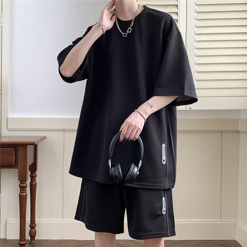 2026夏装休闲运动套装贴标休闲短裤潮男五分裤TZ707/P65黑，男装休闲套装，电商A094