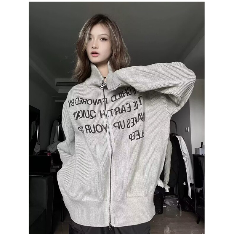 常规宽松型休闲美式复古潮牌字母印花开衫毛衣长袖立领冬季E1114,男装针织衫/毛衣,星座516A