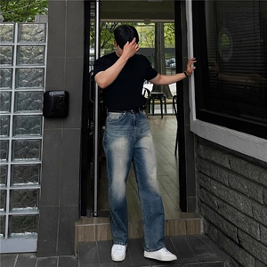 复古水洗做旧牛仔裤男美式高街vingtage百搭阔腿长裤直筒休闲裤子图片
