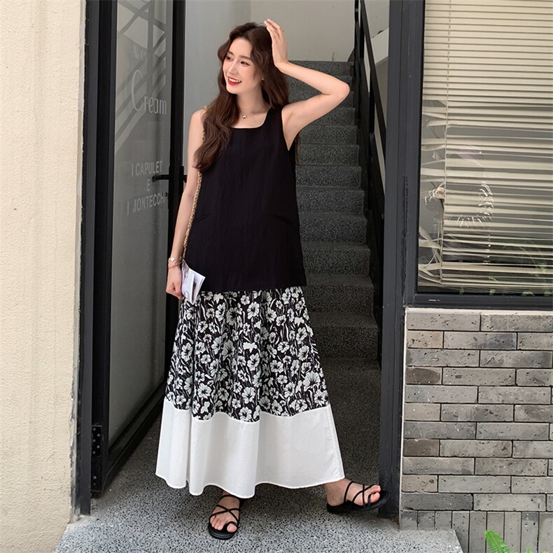 黑色高级感背心碎花裙套装2025新款女夏季小个子背心半身裙两件套,女装套装/套裙,1D066-1
