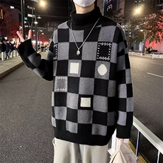 秋冬高领毛衣男格子ins宽松百搭痞帅港风复古休闲针织衫M125，男装针织衫/毛衣，星座1116A-1（原606A）