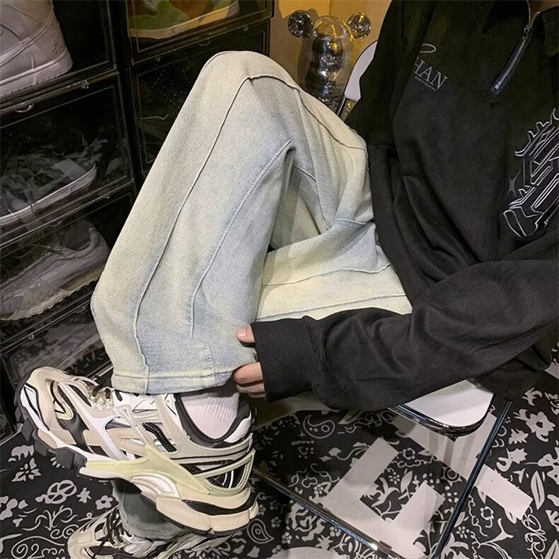 牛仔裤男直筒宽松秋季潮牌拖地裤美式高街百搭阔腿裤子N2430-p45,男装牛仔裤,星座1008-1