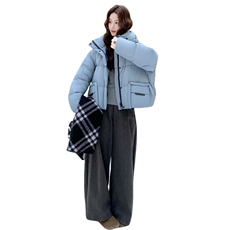 韩系蓝色连帽羽绒服女冬2025新款超火好看高级小众保暖加厚短外套，女装羽绒服，2B076