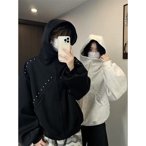 抖音得物高品质二开26春装美式高街铆钉拼接纯色开衫卫衣外套W122图片