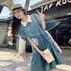 新中式国风牛仔连衣裙女夏2024新款复古小个子休闲减龄短袖裙子，女装连衣裙，2C262