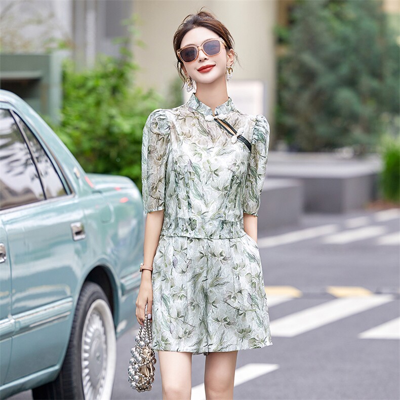 2024夏装新款新中式优雅时尚清爽短裤套装两件套,女装套装/套裙,妙形