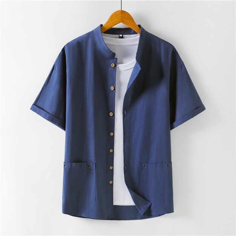 男士夏季棉麻纯色短袖立领衬衫C05-P22，男装T恤，星座1502-1