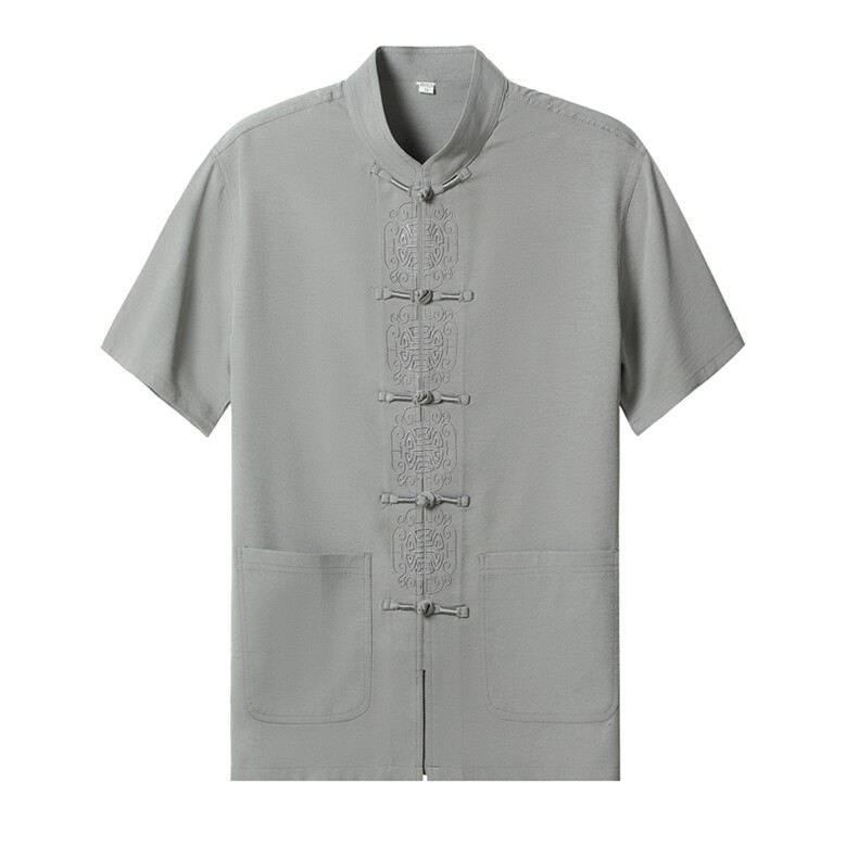 夏款男中老年高档唐装太极服中式刺绣立领短袖风时尚衬衫套装,男装中老年男装,钱塘723