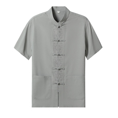 夏款男中老年高档唐装太极服中式刺绣立领短袖风时尚衬衫套装，男装中老年男装，钱塘723