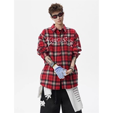【006】刺绣红色格子长袖衬衫男衬衣情侣外套A079-CS307-P30，男装衬衫，电商A079