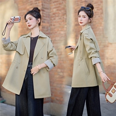 【现货】双排中长款风衣2025秋季新款休闲时尚通勤小个子收腰外套，女装风衣，妃曼