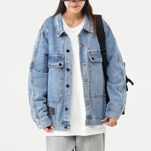 春款男女牛仔夹克工装口袋中性风贴标外套大码M-4XL JK009 P60图片