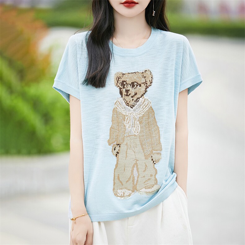 时尚印花冰丝针织短袖T恤女2025夏宽松薄款透气显瘦小飞袖上衣t恤图片