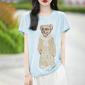 时尚印花冰丝针织短袖T恤女2025夏宽松薄款透气显瘦小飞袖上衣t恤图片