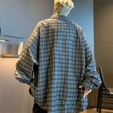 格子衬衫男士韩版潮流三条杠拼色宽松2024秋冬ins外套CY1029-P62，男装衬衫，星座412-2