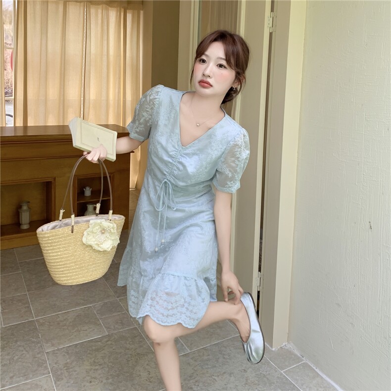 现货-2025年夏季新款法式气质百搭V领刺绣连衣裙女,女装连衣裙,1D102-1