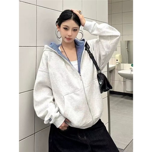 W10582-P60 网图现货 美式高街格子拼接连帽开衫卫衣外套 高品质图片