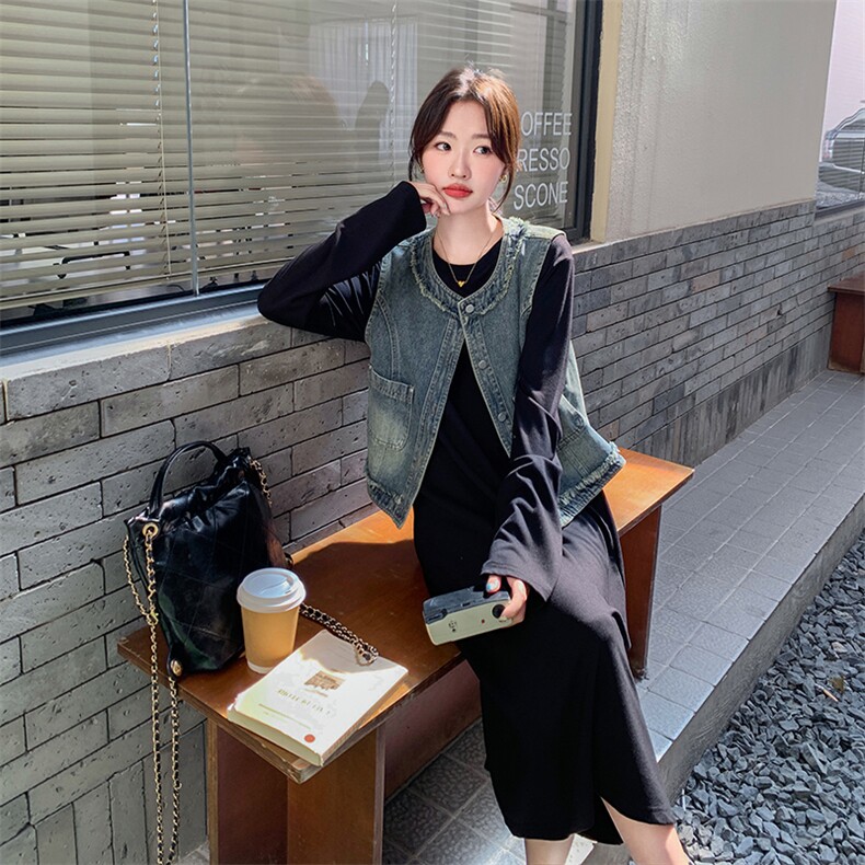 现货~~！！牛仔马甲黑色连衣裙显瘦两件套P135188,女装套装/套裙,2C262