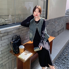 现货~~！！牛仔马甲黑色连衣裙显瘦两件套P135188，女装套装/套裙，2C262