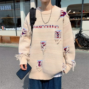 美式街头设计感圆领破洞毛衣男慵懒风休闲针织衫JY10P45图片