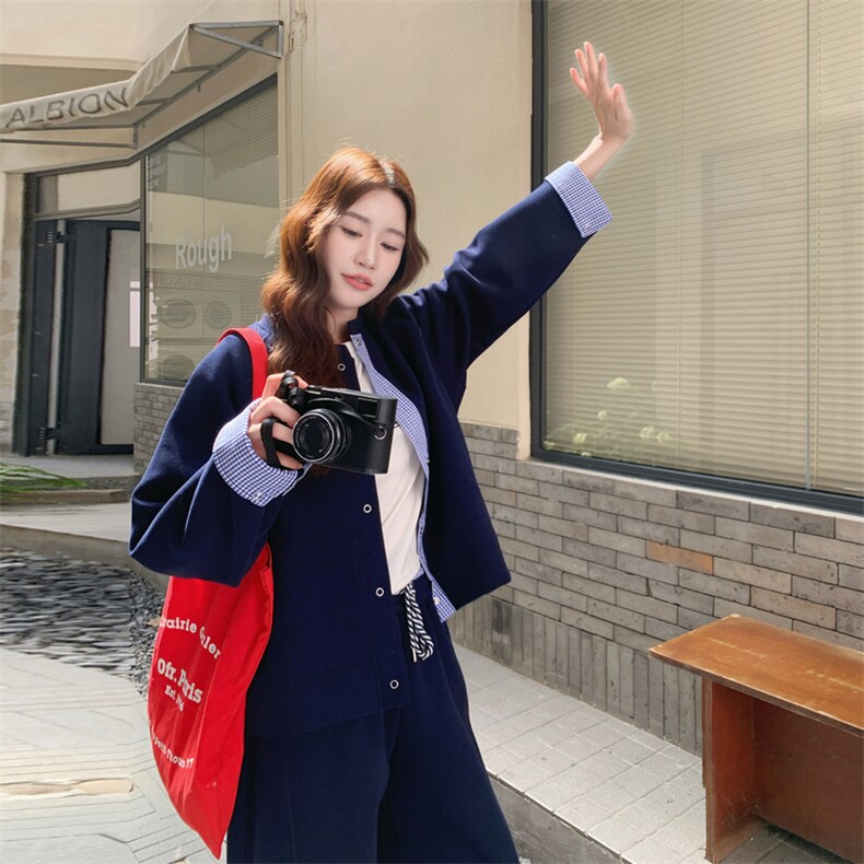 休闲减龄穿搭藏蓝色上衣套装女春秋超火好看高级感阔腿长裤两件套,女装套装/套裙,2B193