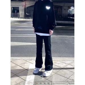 美式高街牛仔裤男女春夏秋水洗复古弹力直筒显瘦微喇叭长裤9分裤图片