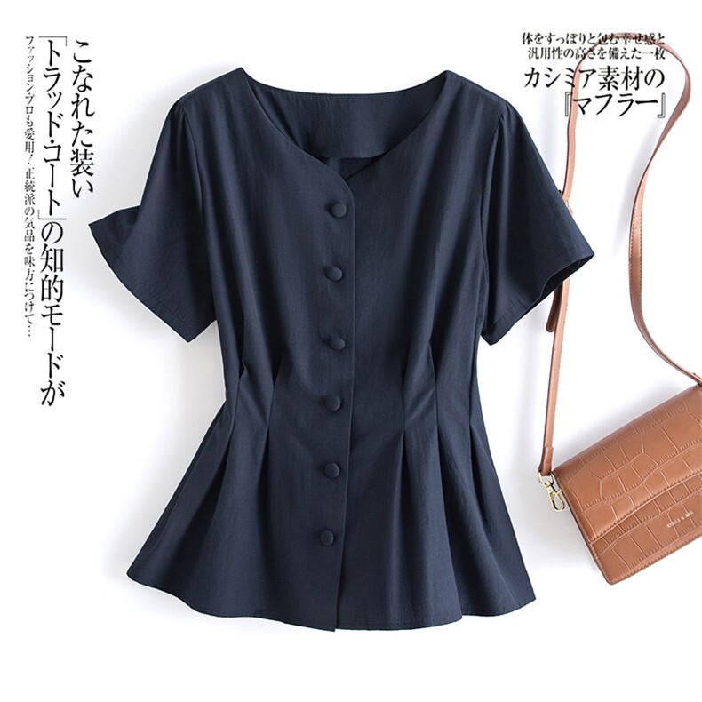 法式V领收腰衬衫上衣女夏季新款气质显瘦薄款别致短袖衬衣，女装衬衫，水衣源