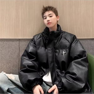 字母PU皮立领棉服男款冬季加厚高级感面包服痞帅美式高街棉衣外套图片