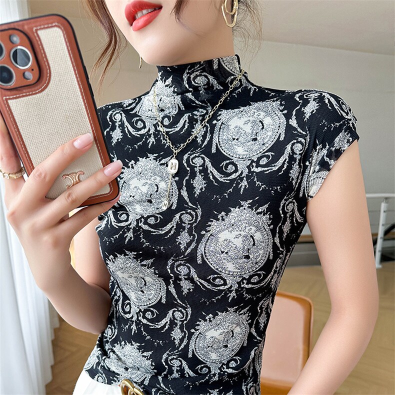 气质网纱印花时尚T恤女短袖半高领2025夏季薄，女装衬衫，温伦斯特羊绒