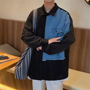 2023港风文艺撞色长袖衬衫男春秋宽松潮流衬衣,配饰平价穿搭图片