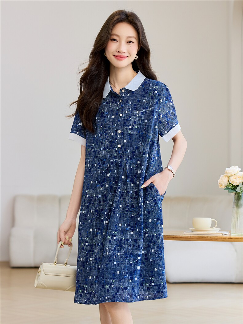2025年夏季时尚休闲碎花娃娃领优雅气质连衣裙,女装连衣裙,依恋蒂丝