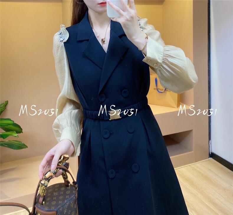 肩袖手工定钻连衣裙，女装连衣裙，米社