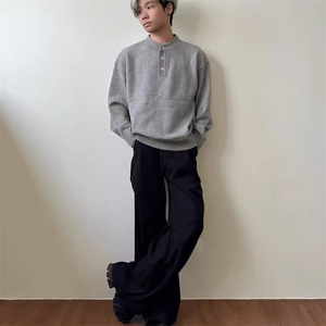 美式慵懒毛衣男秋冬季高街内搭打底线衣亨利领潮牌宽松针织衫外套图片