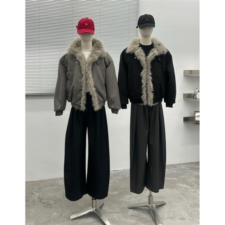 现货重磅硬挺boxy羽绒棉衣座山雕大毛毛领洗水麂皮棉服冬外套，男装棉衣，电商A443