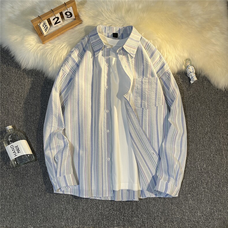 B413-1-DX873新款百搭长袖条纹衬衫外套男女港风宽松休闲衬衣控59图片