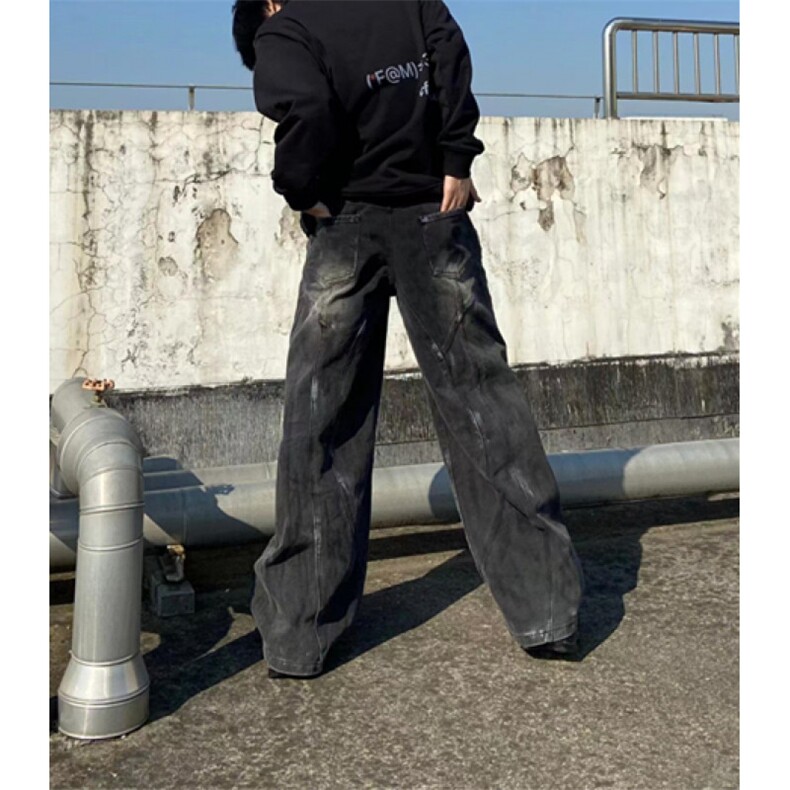 复古做旧阔腿宽松牛仔裤小众手绘设计感休闲裤高腰裤NB78,男装休闲裤,星座1116A（原606A-3）
