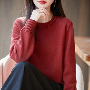 100%纯棉针织衫长袖毛衣女圆领纯色加厚棉麻上衣宽松百搭休闲打底图片