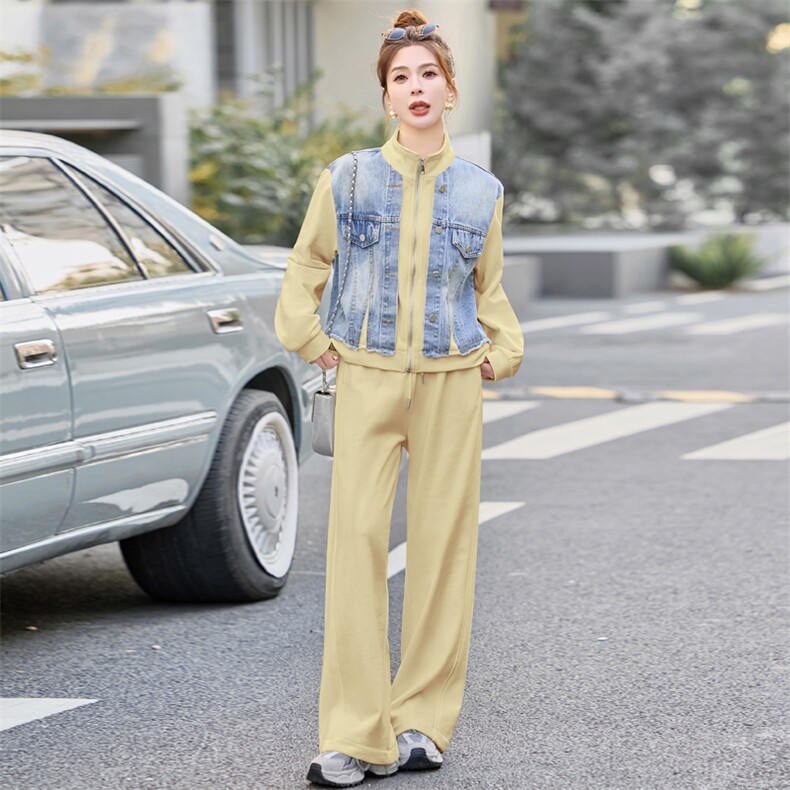 2025春新款超好看独特漂亮酷飒拽姐牛仔拼接休闲卫衣阔腿裤两件套,女装套装/套裙,浪花E族（衣布洛）