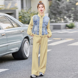 2025春新款超好看独特漂亮酷飒拽姐牛仔拼接休闲卫衣阔腿裤两件套图片