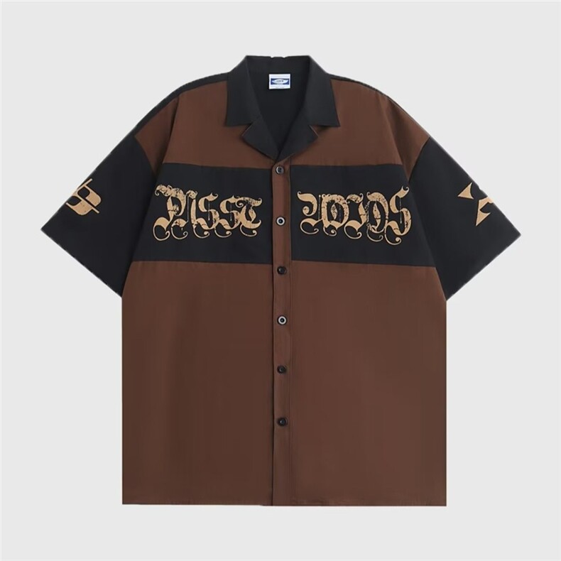 夏拼接撞色印花短袖衬衫男潮牌青少年帅气休闲宽松外套LS2226P34,男装衬衫,星座1013-5