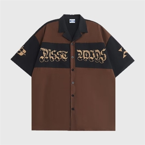 夏拼接撞色印花短袖衬衫男潮牌青少年帅气休闲宽松外套LS2226 P34图片