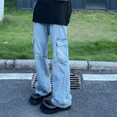 D7789-P60美式立体拼接口袋直筒牛仔裤嘻哈重磅长裤男女-网图现货，男装牛仔裤，星座603-2
