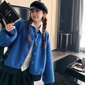 蓝色羊羔毛棒球服外套女2024冬季新款学院风宽松休闲加厚夹克上衣图片